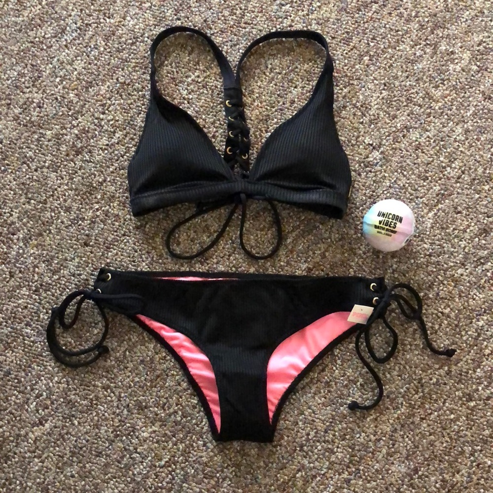 NWT VS PINK Ribbed Lace-Up Bikini Set